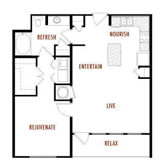 Floor plan for 1 bed, 1 bath, 914 sqft